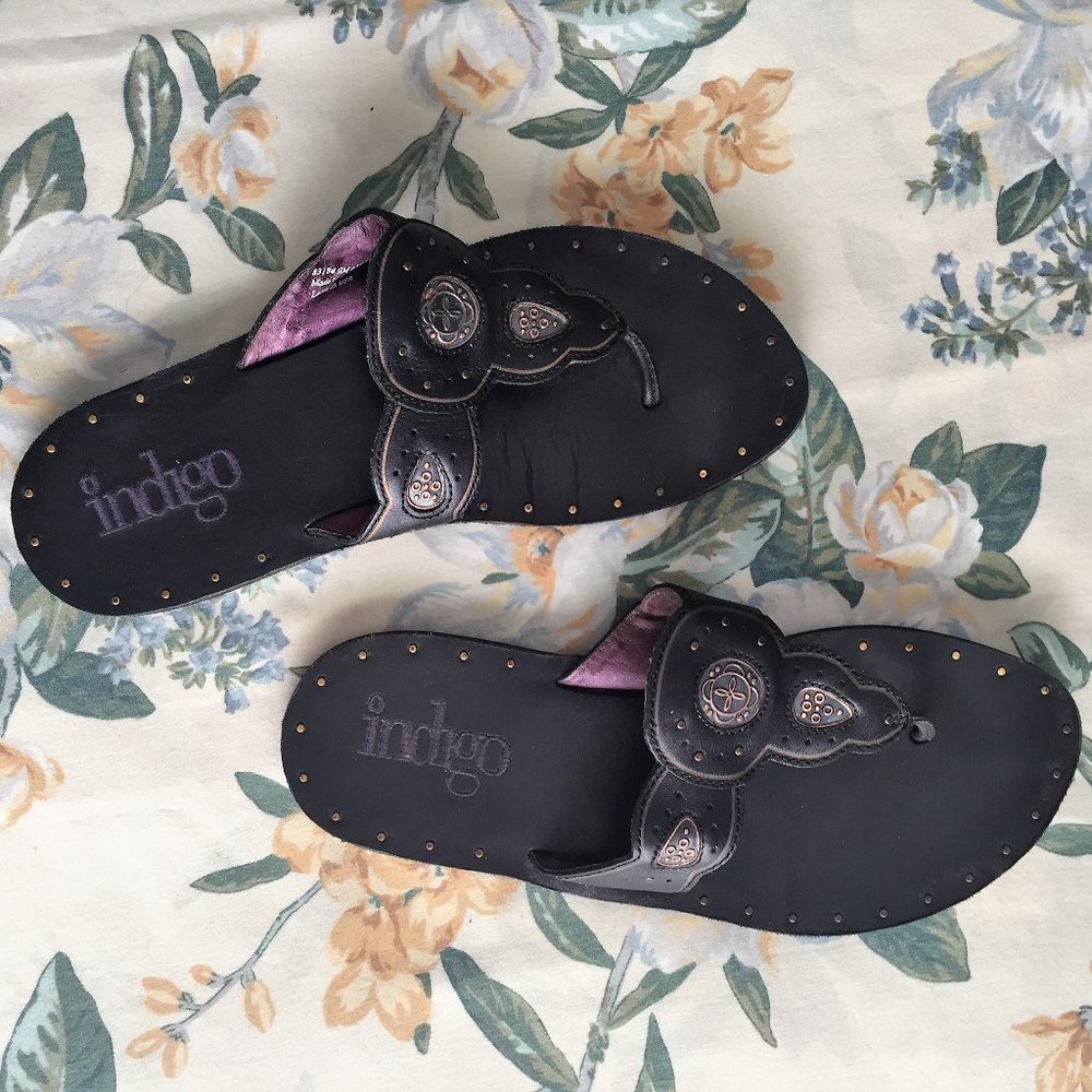 Black & Purple Leather Flip Flops with Copper Accents